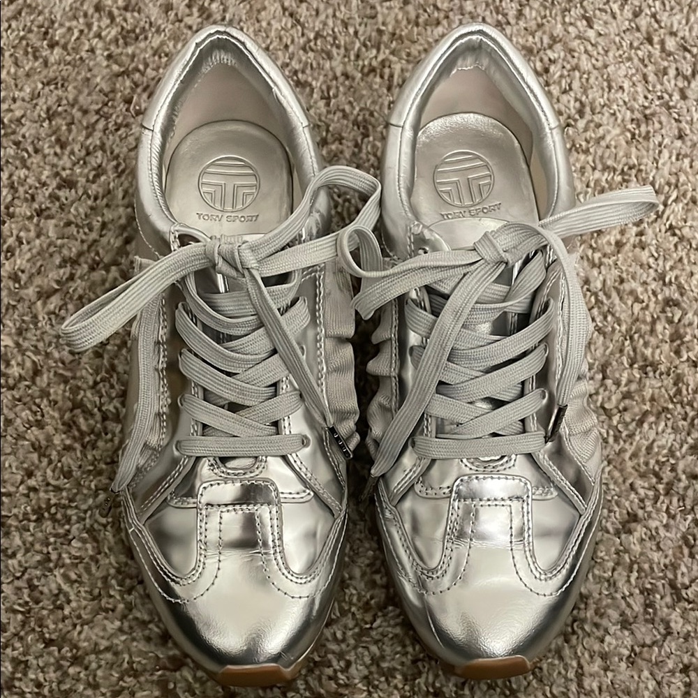 Tory Sport Silver Metallic Sneakers with Reflective Finish